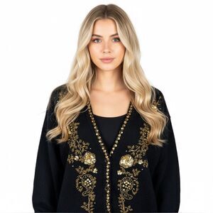 Vintage Alfred Dunner Gold Black Sequin Embroidered Sweater Cardigan Medium